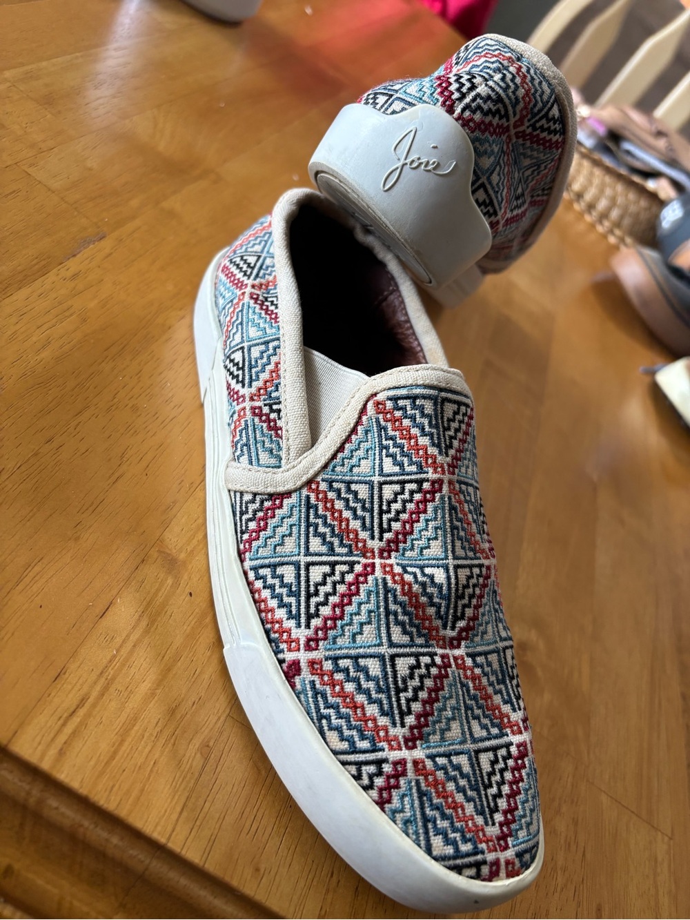 Joie Slip-On Sneakers in Red, Blue, Black and Cream Geometric Weave